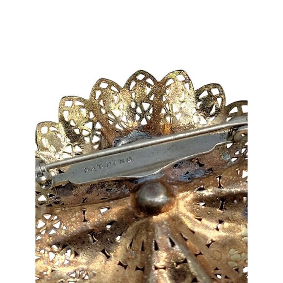 Miriam Haskell Style Brooch Filigree Round Puffy Faux Pearl Brass Tone Unsigned - Picture 5 of 9